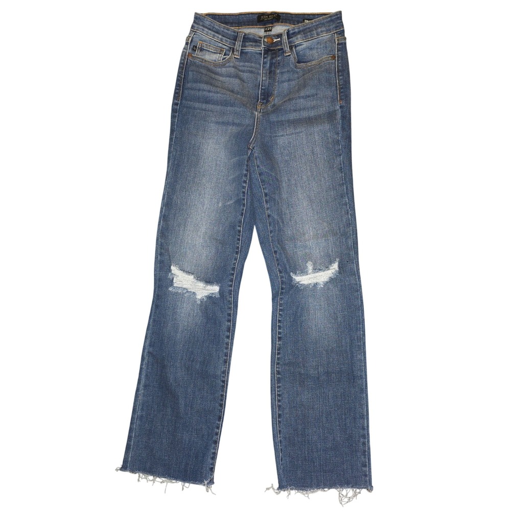Judy Blue Women's Straight Fit Jeans Blue‎ Distressed Ripped Raw Hem Size 5 27